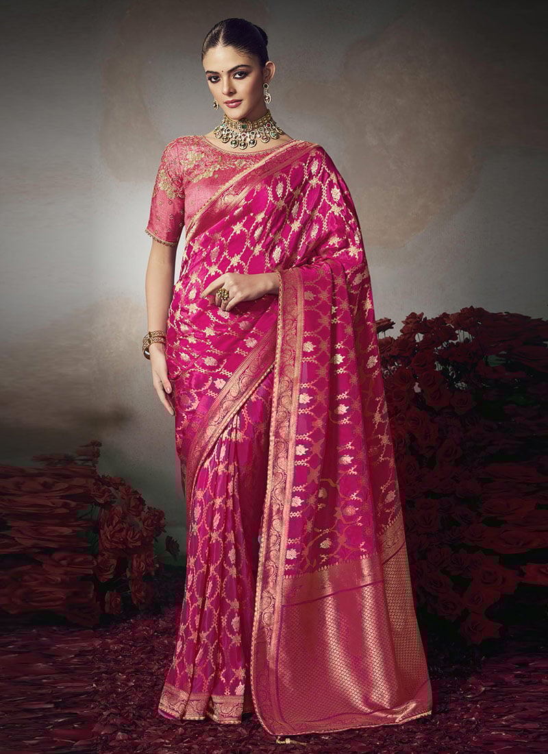 Rani Pink Silk Zari Sequins Embroidered Jacquard Saree Festive Wear