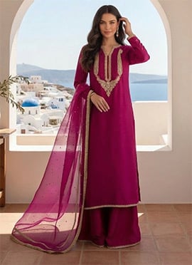 Rani Pink Silk Zari Sequins Embroidered Palazzo Suit