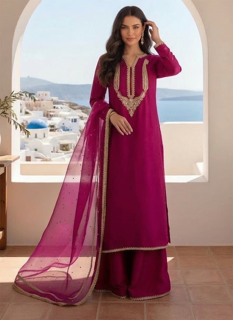 Rani Pink Silk Zari Sequins Embroidered Palazzo Suit  Festive Wear