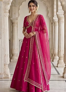 Rani Pink Silk Zari Sequins Hand Embroidered Anarkali Suit