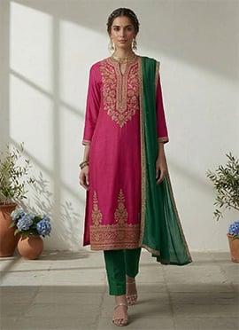 Rani Pink Silk Zari Sequins Straight Pant Suit
