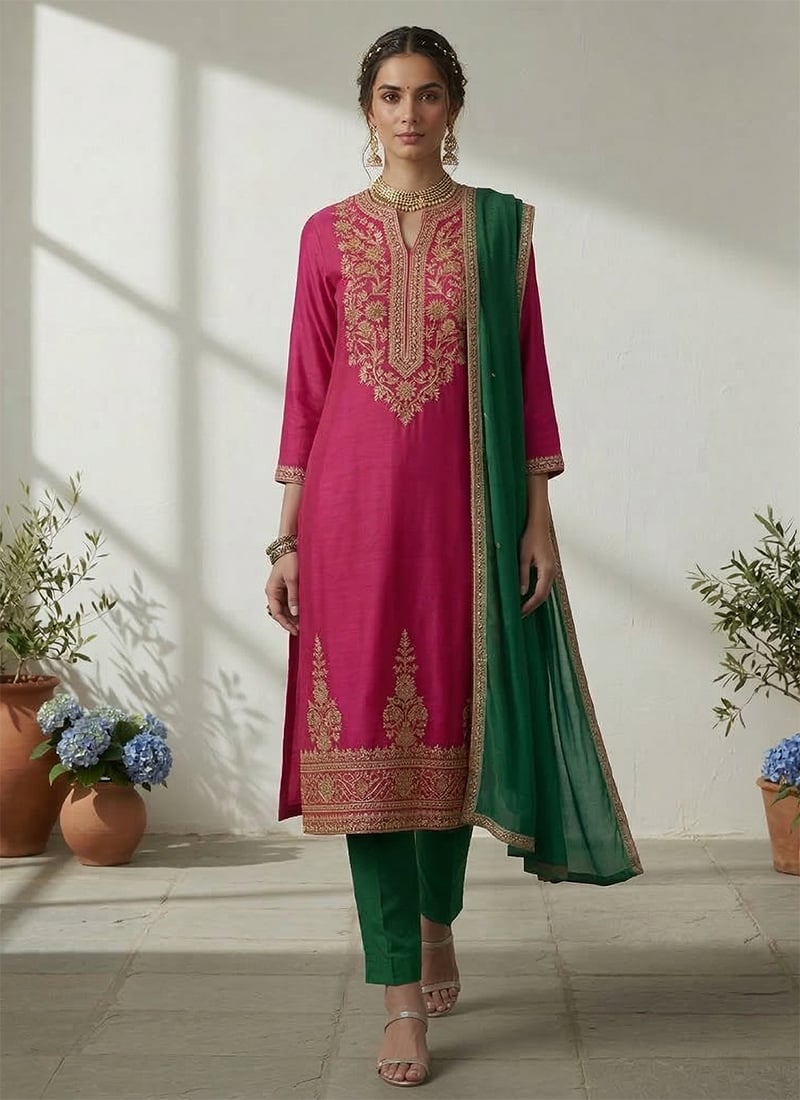 Rani Pink Silk Zari Sequins Straight Pant Suit  Festive Wear