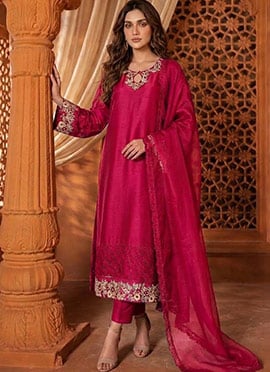 Rani Pink Silk Zari Sequins Straight Pant Suit
