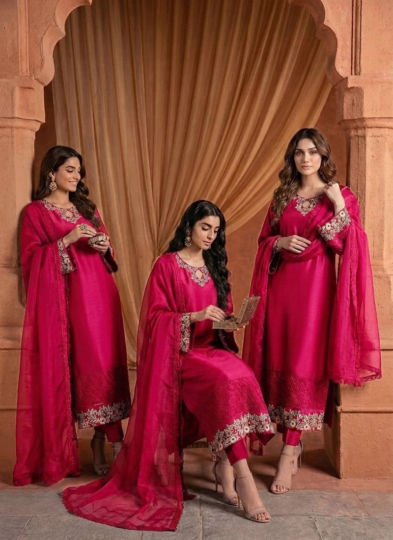 Rani Pink Silk Zari Sequins Straight Pant Suit Festive Wear