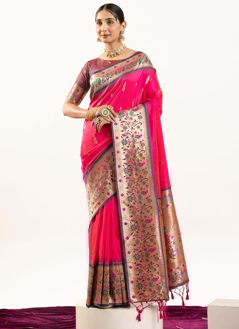 Rani Pink Soft Banarasi Silk Zari Jacquard Saree Festive Wear