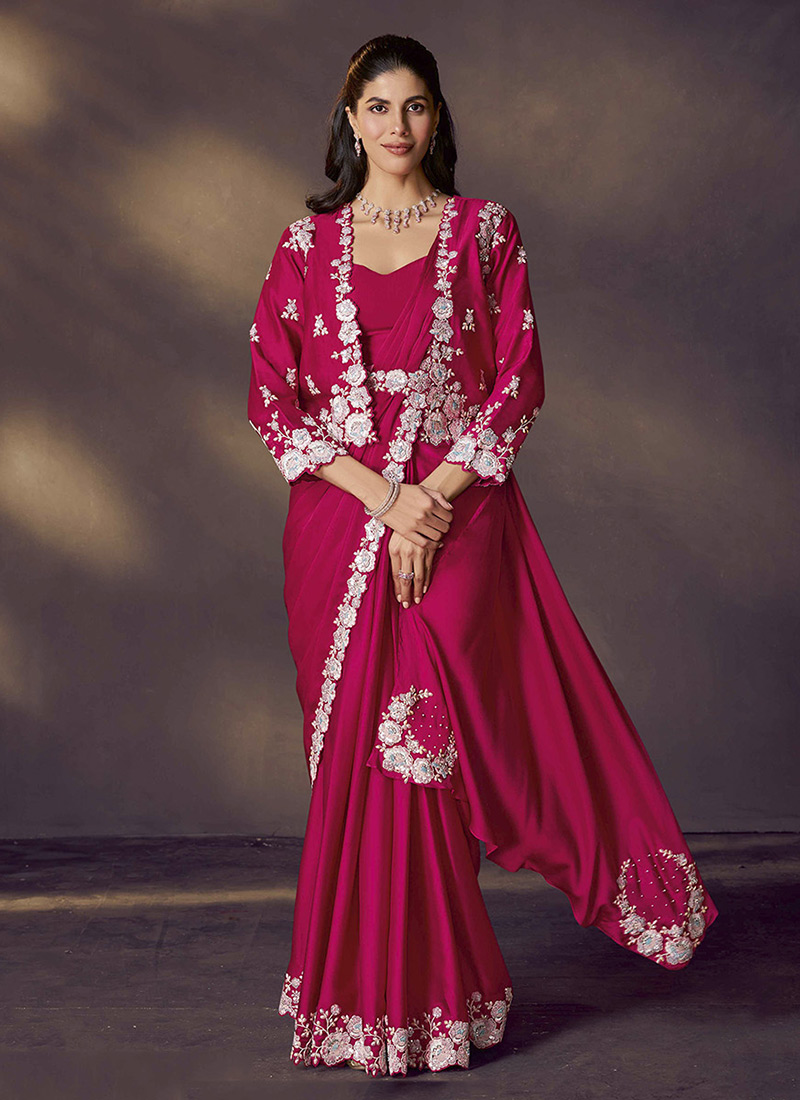 Rani Pink Soft Satin Silk Hand Embroidered Jacket Style Pre Draped Saree