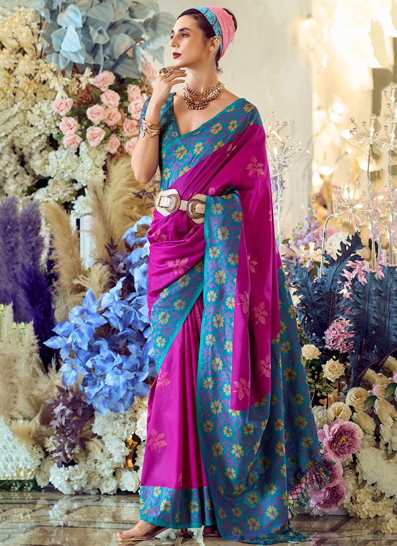 Rani Pink Soft Silk Jacquard Woven Saree Festive Wear