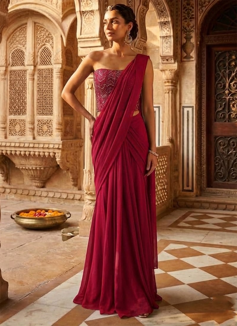 Rani Pink Statement Pre Draped Saree with Hand Embroidered Embellished Blouse Wedding Wear
