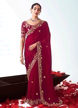 Rani Pink Tissue Embroidered Sequins Saree