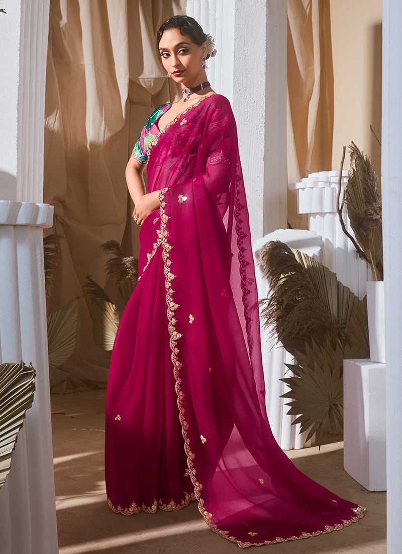 Rani Pink Tissue Embroidered Sequins Saree With Digital Print Blouse Festive Wear