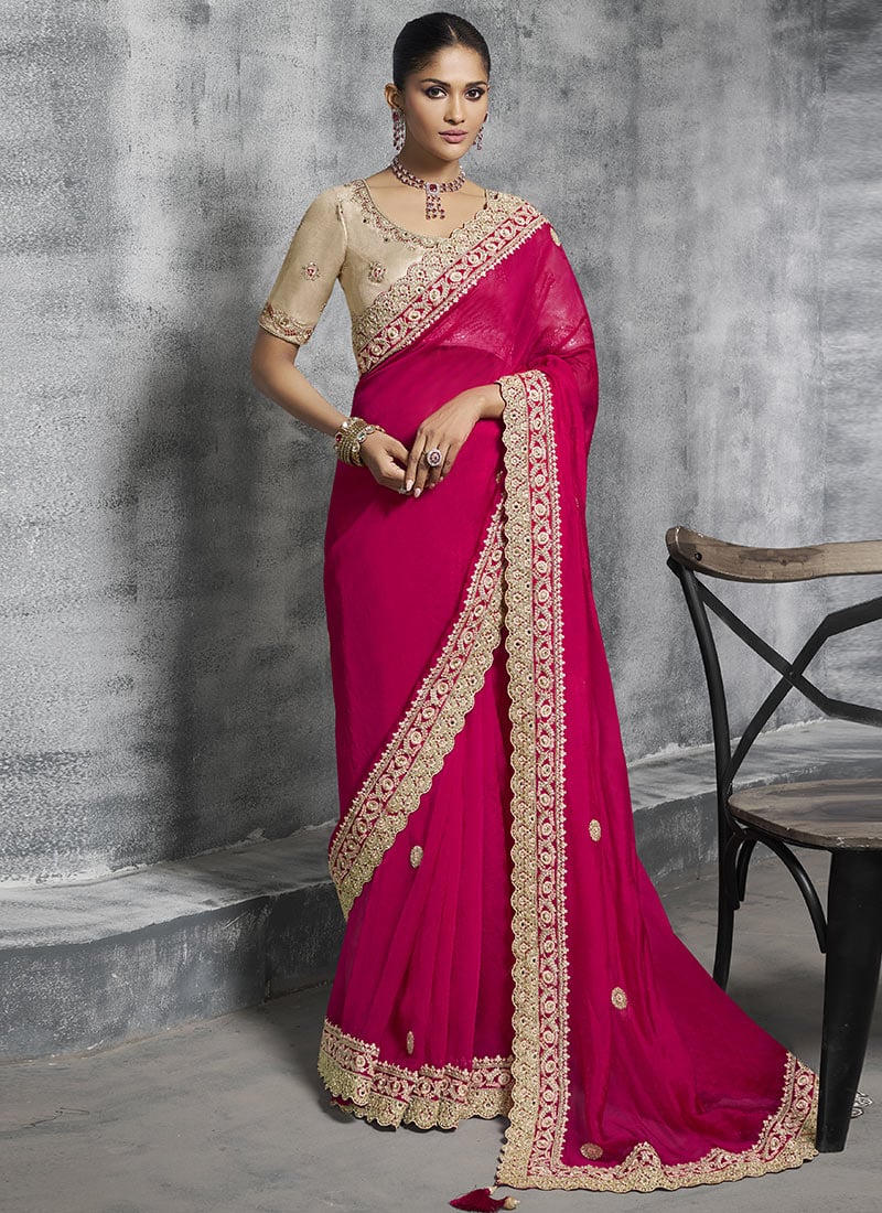 Rani Pink Tissue Embroidered Sequins With Stone And Beads Work Saree  Wedding Wear