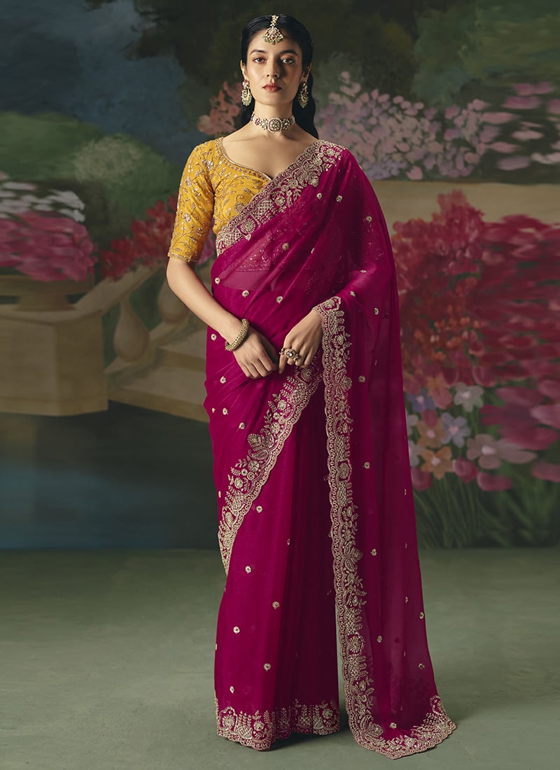 Rani Pink Tissue Organza Sequins Embroidered With Stone Work Saree Wedding Wear