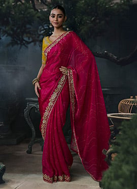 Rani Pink Tissue Silk Bandhani Print Zari Embroidery Sequins Saree