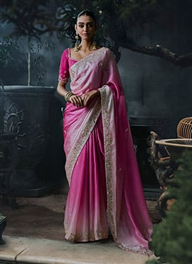 Rani Pink Tissue Silk Floral Embroidery Sequins Saree