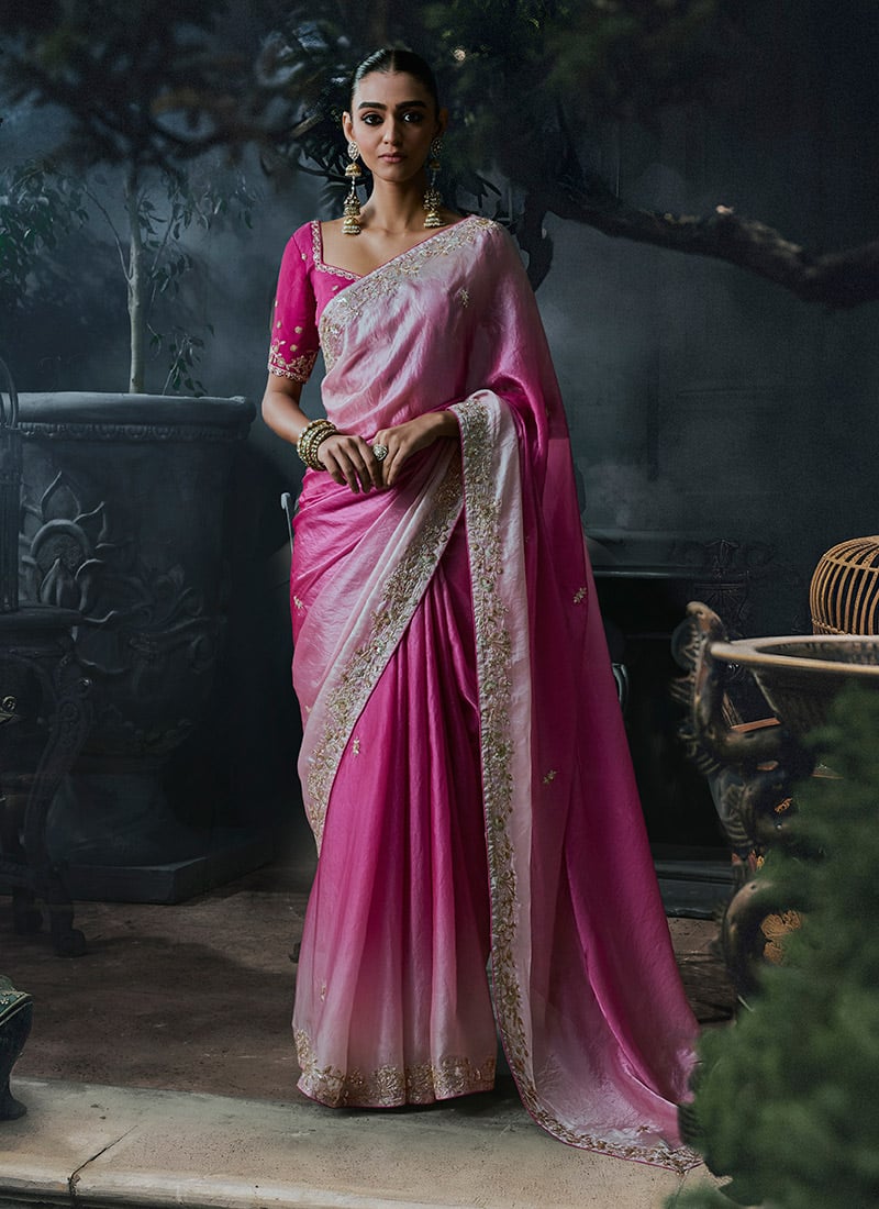 Rani Pink Tissue Silk Floral Embroidery Sequins Saree Wedding Wear