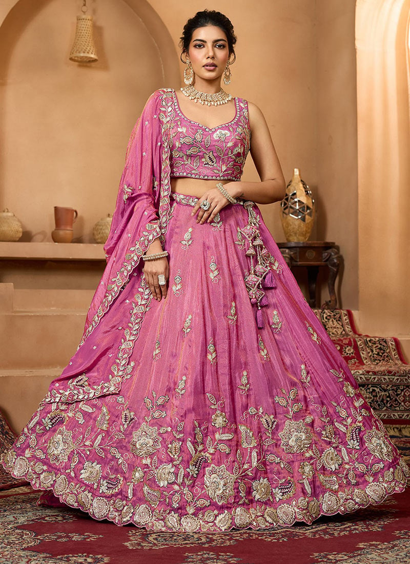Rani Pink Tissue Zari Embroidered Sequins Lehenga Wedding Wear