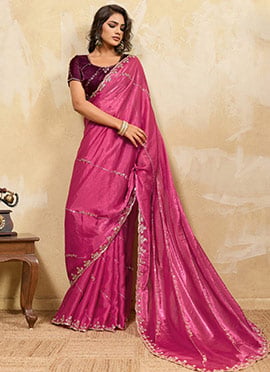 Rani Pink Velevet Zari Sequins Saree