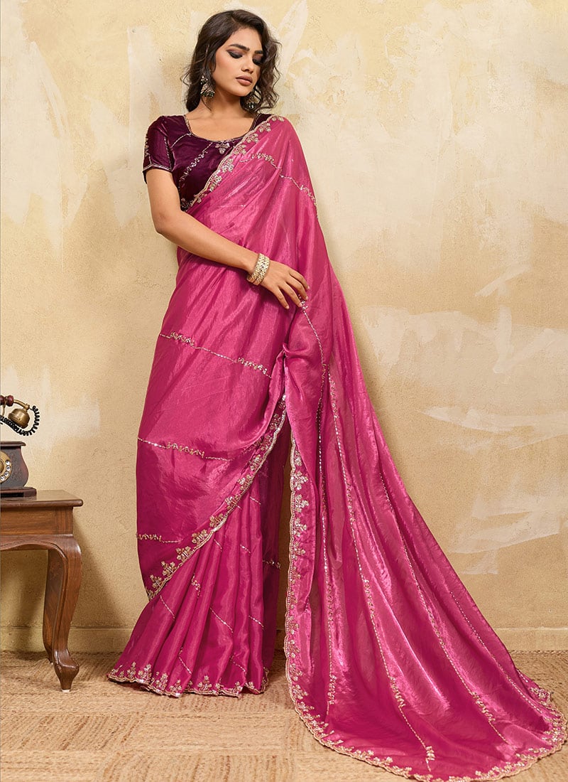 Rani Pink Velevet Zari Sequins Saree After Six Wear