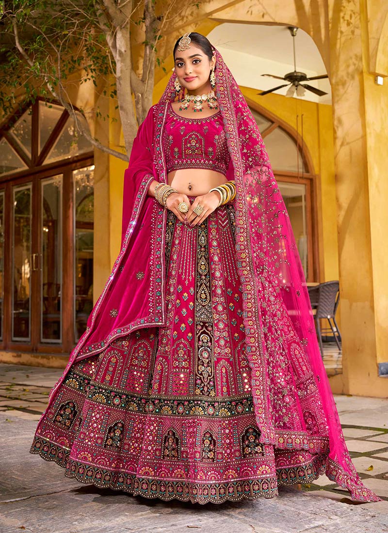 Rani Pink Velvet Embroidered Stones Sequins Zari Thread Umbrella Lehenga Wedding Wear