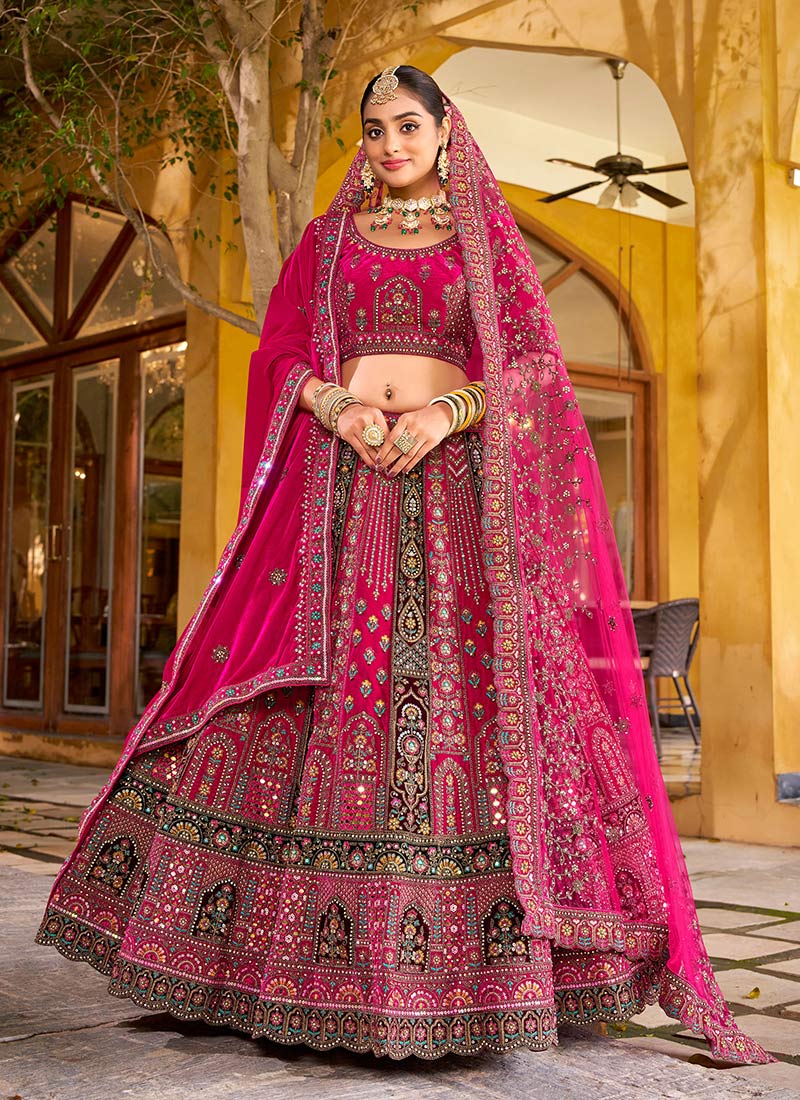 Rani Pink Velvet Zari Resham Stones Mirror Work Cut Work Umbrella Lehenga