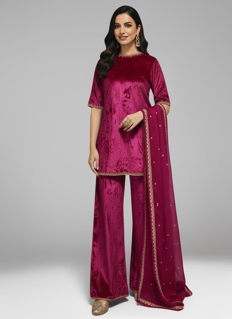 Rani Pink Velvet Zari Sequins Beads Palazzo Suit Festive Wear