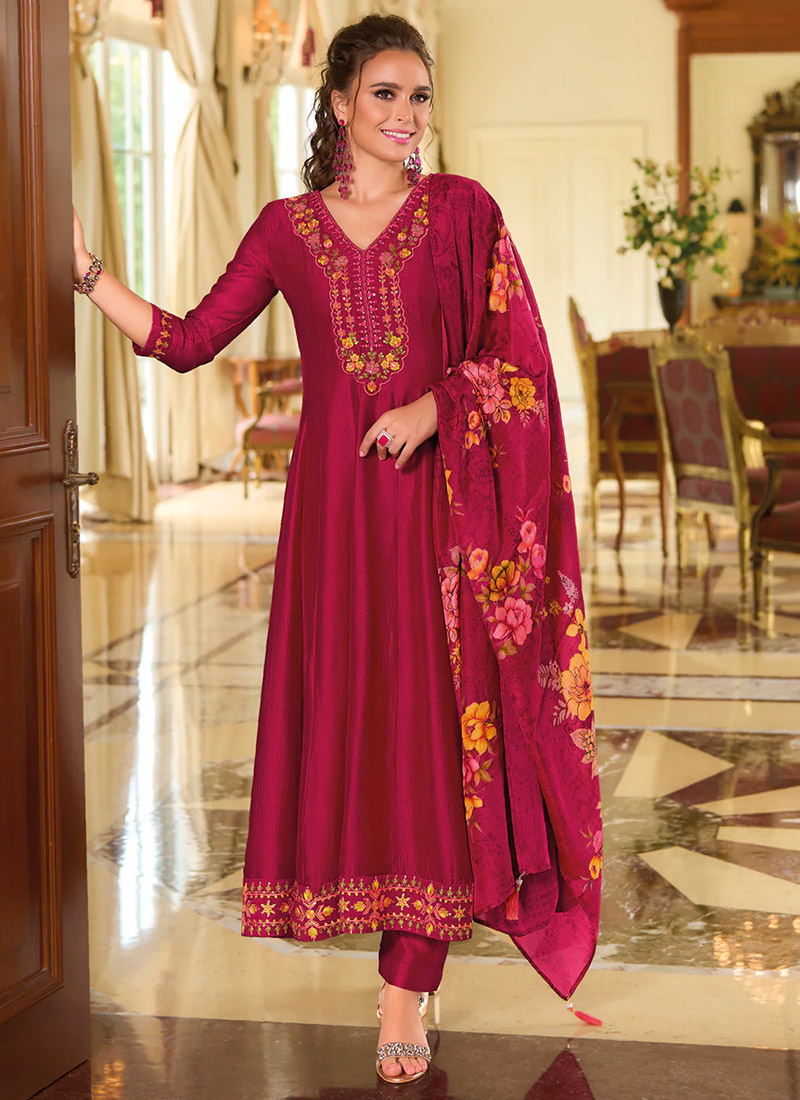 Rani Pink Vichitra Silk Embroidered Sequins A Line Straight Pant Suit