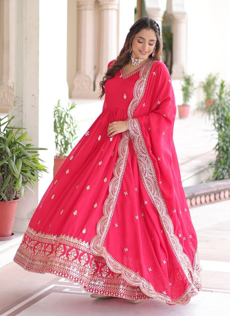 Rani Pink Vichitra Silk Embroidered Sequins Anarkali Suit  Festive Wear