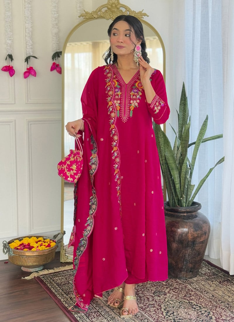Rani Pink Vichitra Silk Embroidered Sequins Anarkali Suit Festive Wear