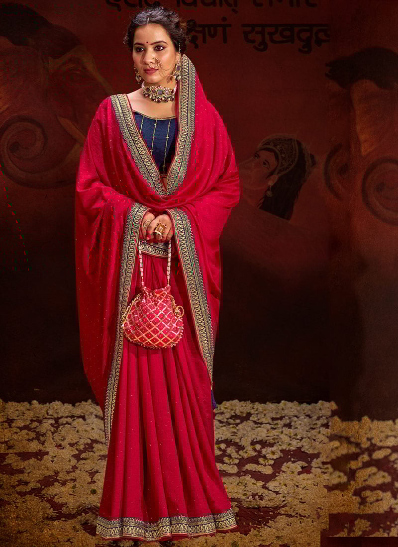 Rani Pink Vichitra Silk Embroidered Sequins And Stones Saree Festive Wear