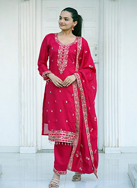 Rani Pink Vichitra Silk Embroidered Sequins Straight Pant Suit