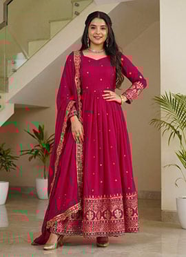 Rani Pink Vichitra Silk Embroidered Sequins Zari Anarkali Suit