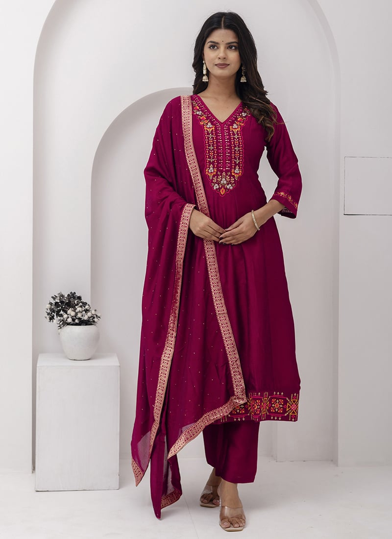 Rani Pink Vichitra Silk Embroidered Straight Pant Suit Festive Wear