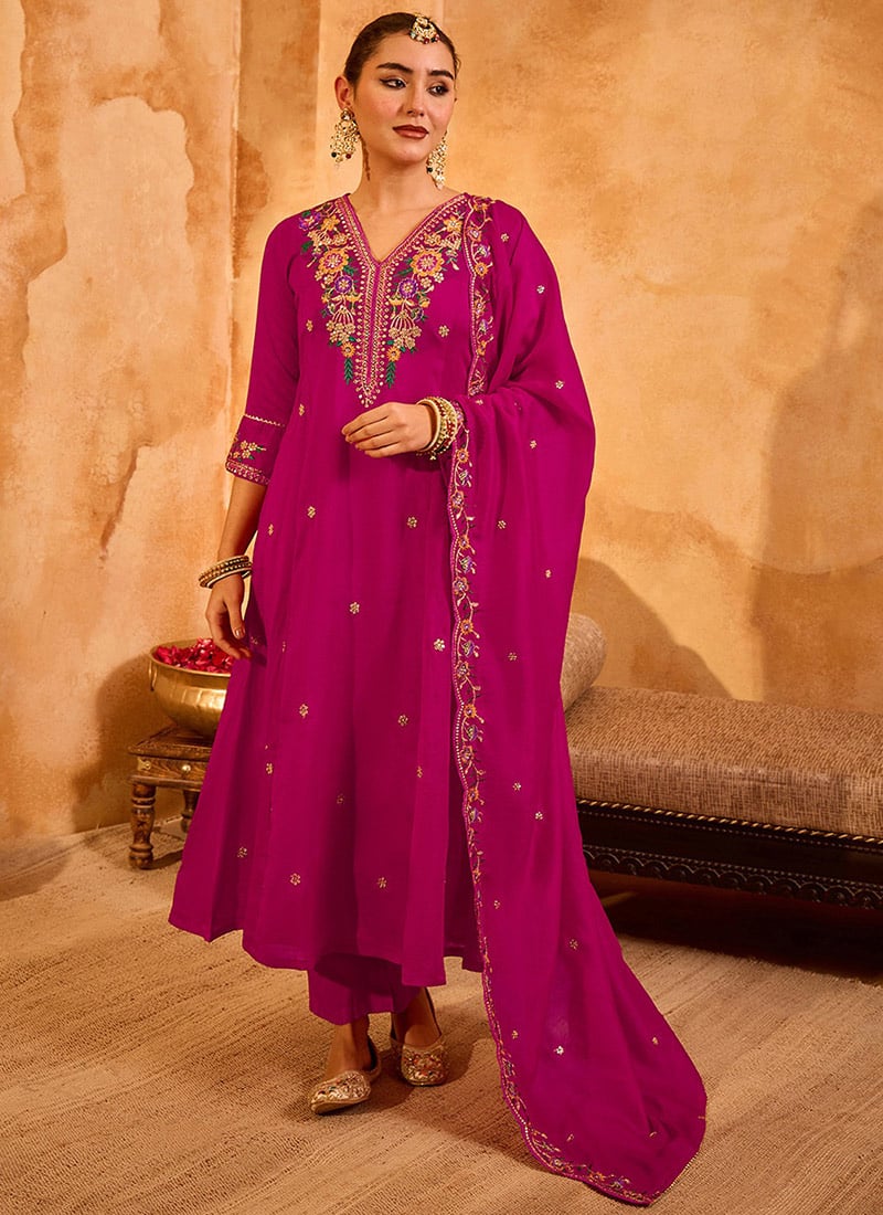 Rani Pink Vichitra Silk Floral Embroidered Straight Pant Suit Festive Wear