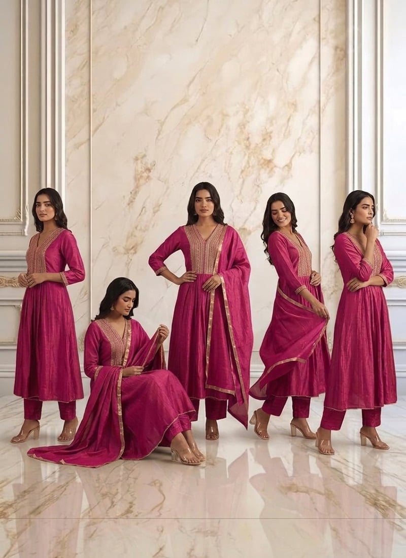 Rani Pink Vichitra Silk Hand Embroidered Sequins With Beads Work Anarkali Suit Wedding Wear