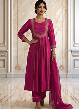 Rani Pink Vichitra Silk Zari Sequins Anarkali Suit