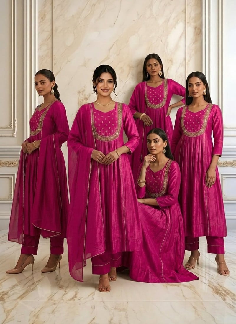 Rani Pink Vichitra Silk Zari Sequins Anarkali Suit Wedding Wear