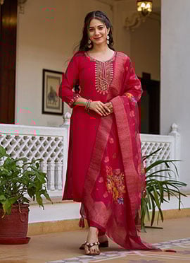 Rani Pink Viscose Chanderi Embroidered Beads Printed Straight Pant Suit