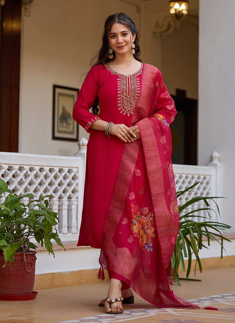 Rani Pink Viscose Chanderi Embroidered Beads Printed Straight Pant Suit After Six Wear