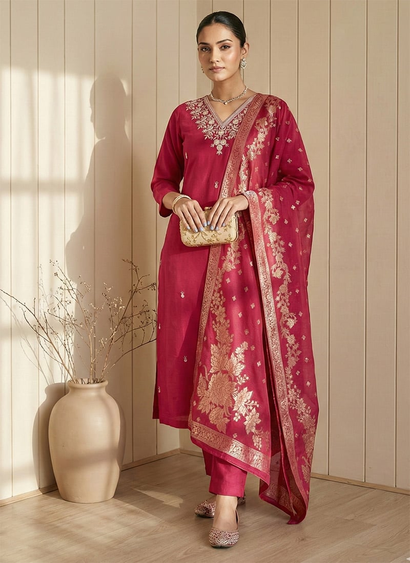Rani Pink Designer Heavy Semi-Stitched Pant Suit With Embroidery Work