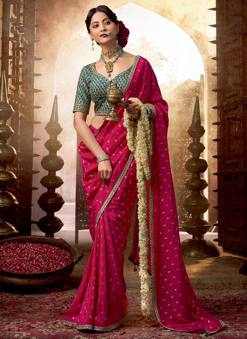 Rani Pink Viscose Crepe Zari Embroidered Sequins Saree After Six Wear