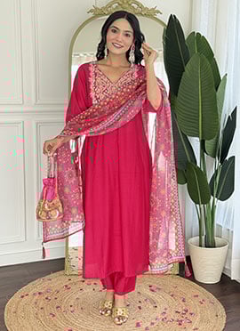 Rani Pink Viscose Embroidered Sequins Printed Straight Pant Suit