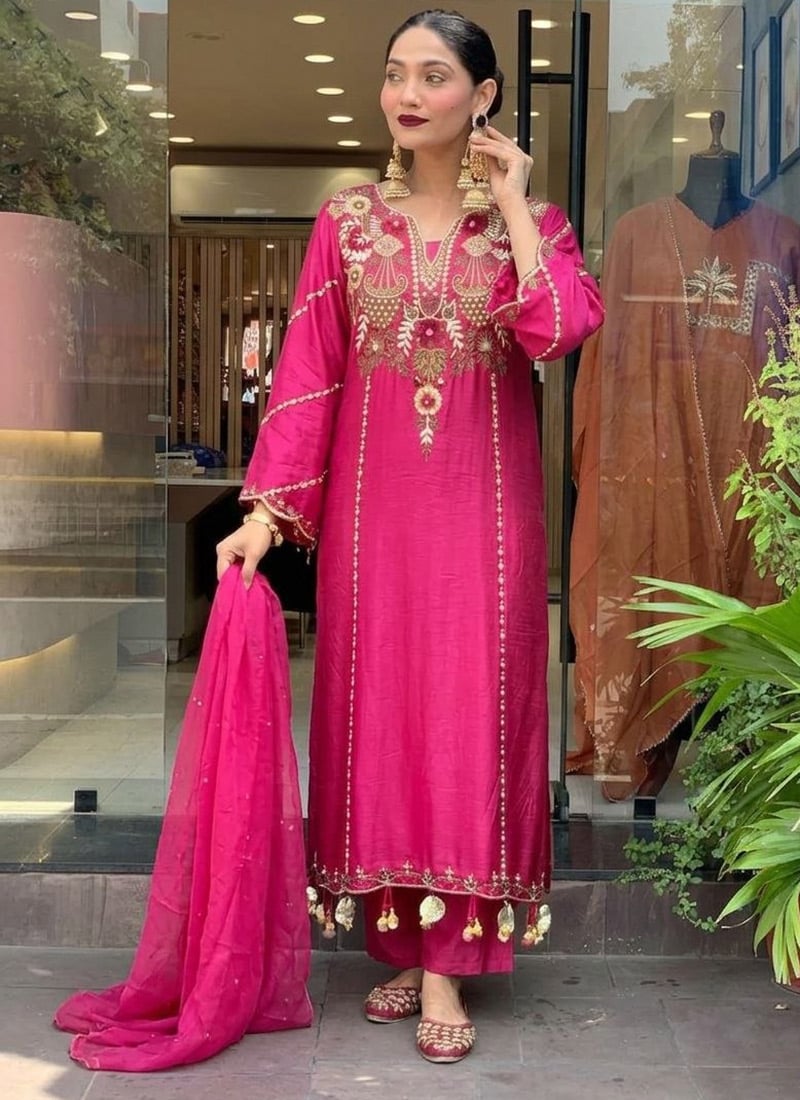 Rani Pink Viscose Embroidered Sequins Straight Pant Suit After Six Wear