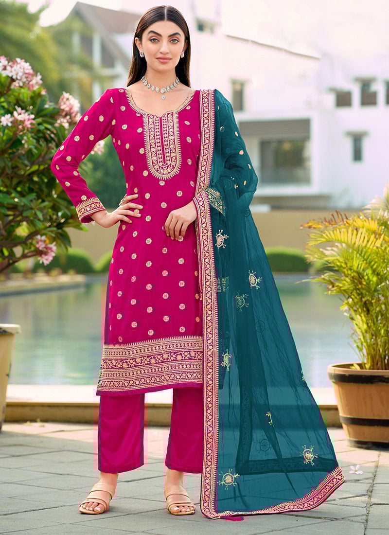Rani Pink Viscose Jacquard Embroidered Sequins Straight Pant Suit Festive Wear