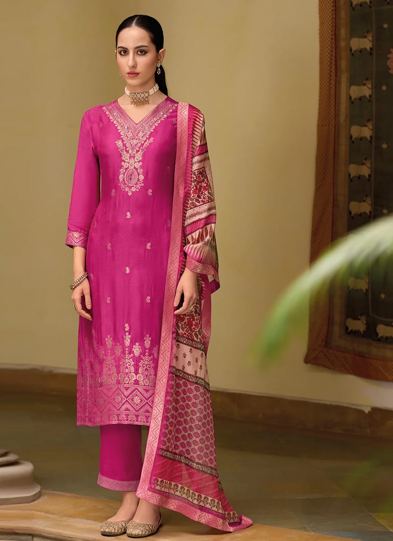 Rani Pink Viscose Jacquard Sequins Straight Pant Suit Festive Wear