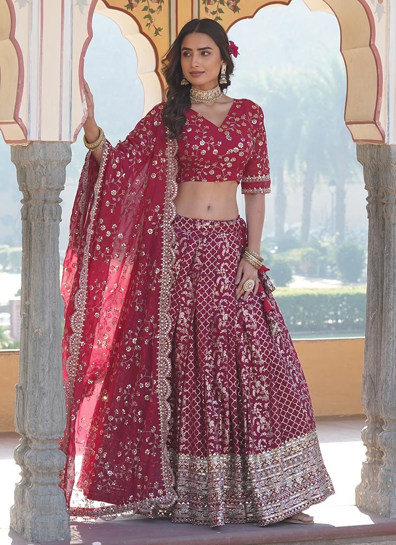 Rani Pink Viscose Jacquard Sequins Umbrella Lehenga Party Wear