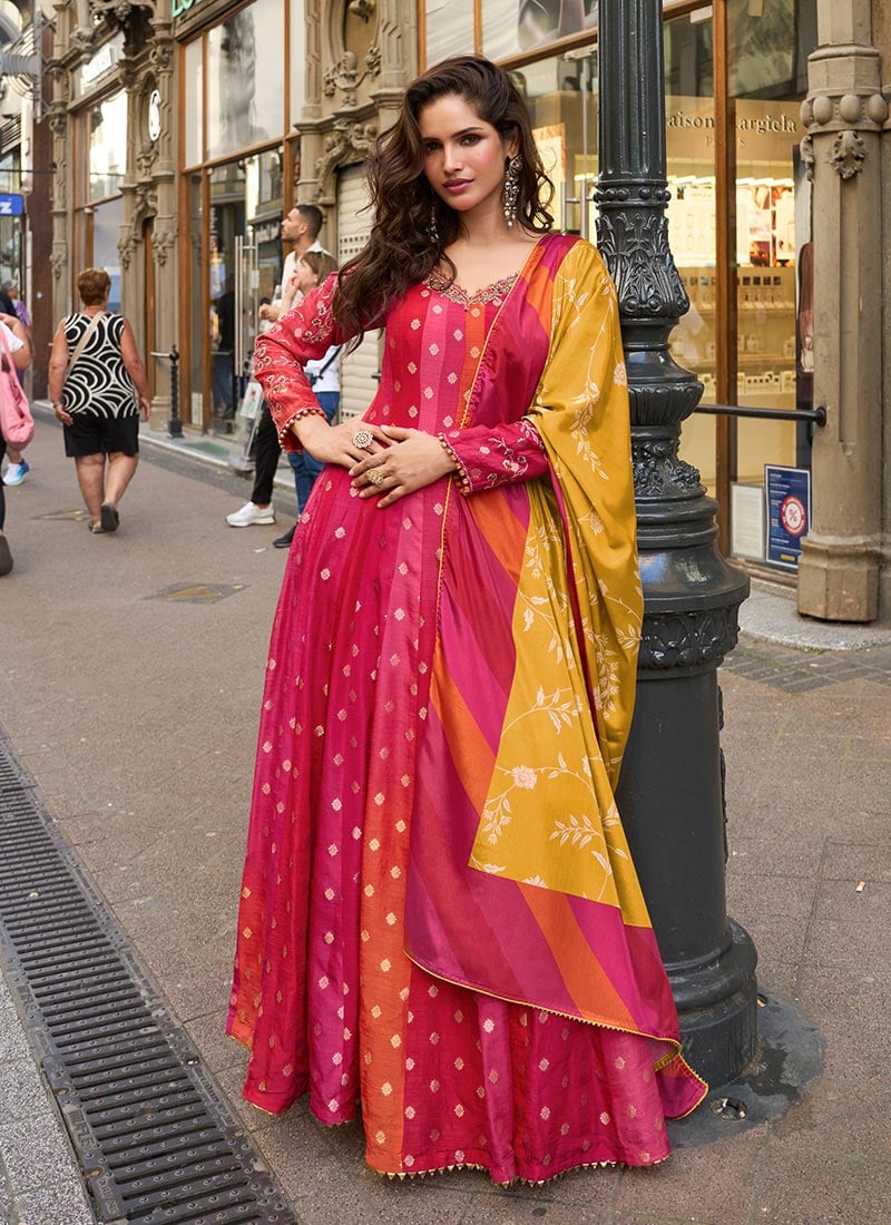 Rani Pink Viscose Jacquard Silk Zari Embroidered Sequins Bandhini Anarkali Suit Festive Wear