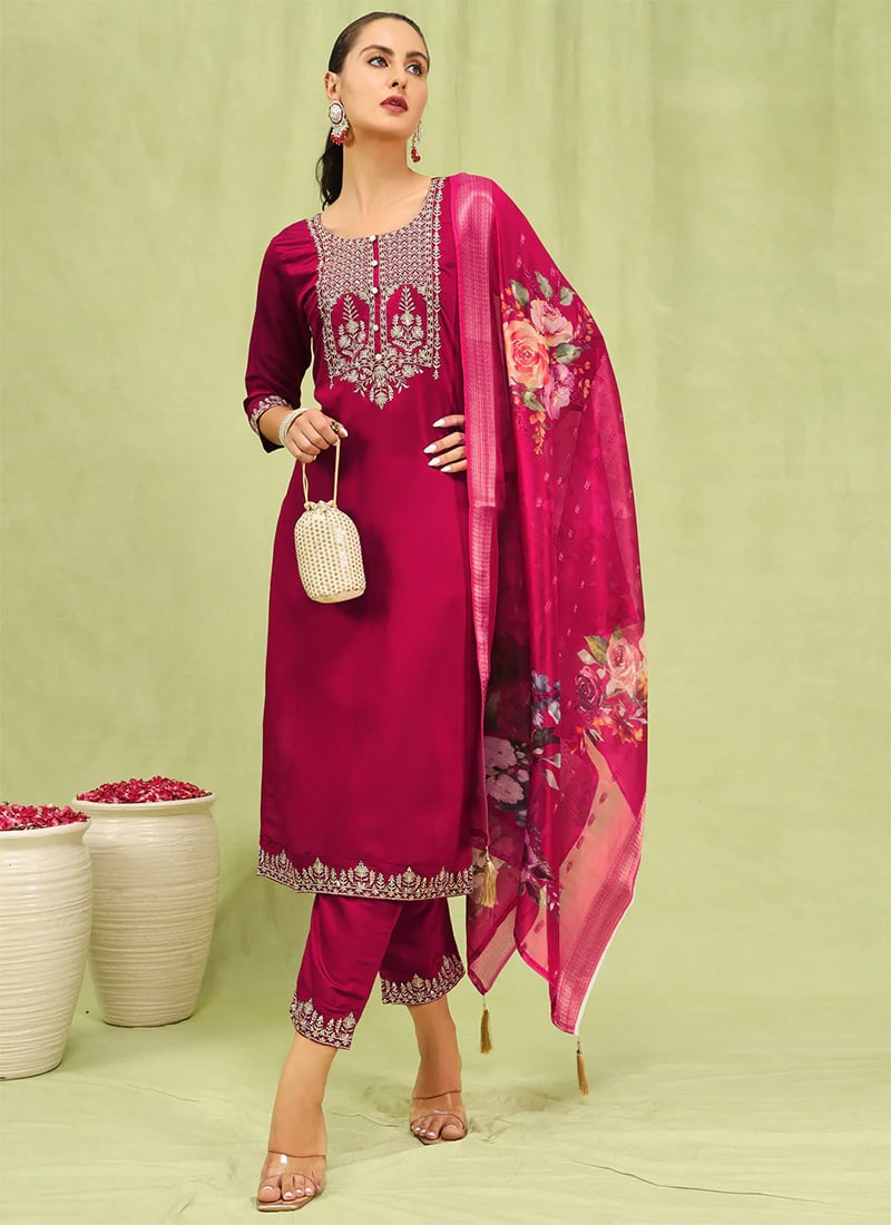 Rani Pink Viscose Roman Silk Printed Embroidered Straight Pant Suit After Six Wear