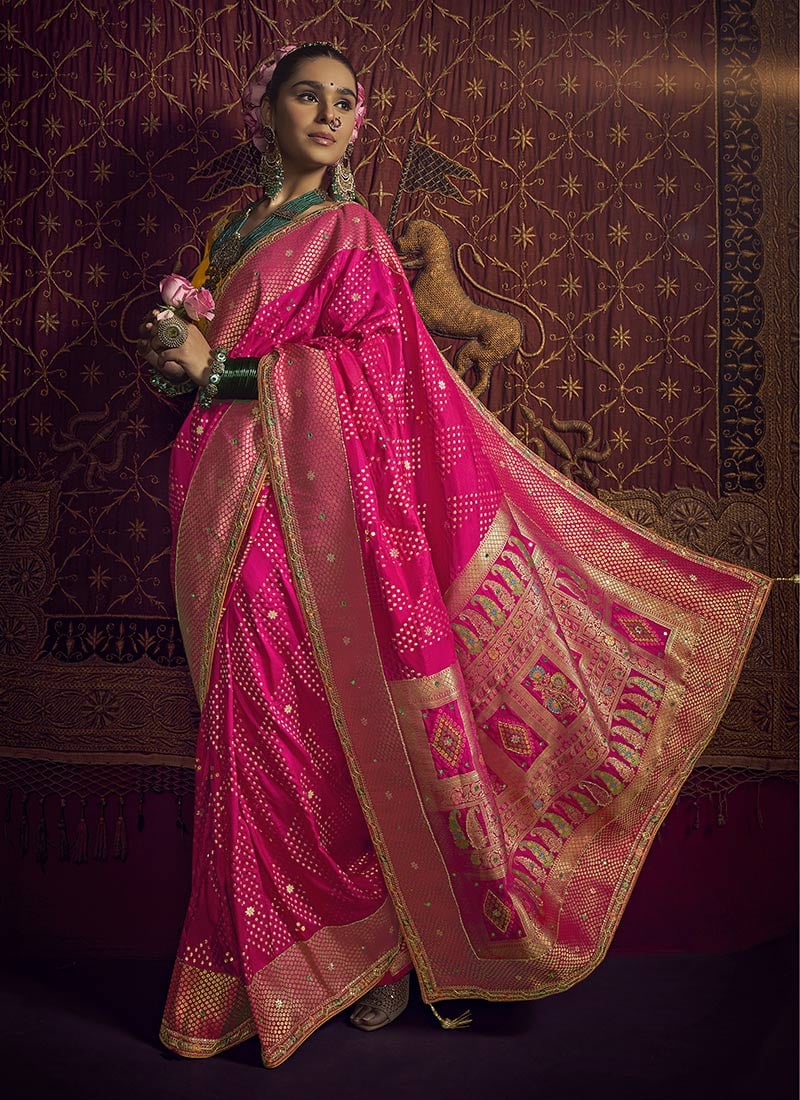 Rani Pink Viscose Zari Hand Embroidered Sequins Saree Wedding Wear