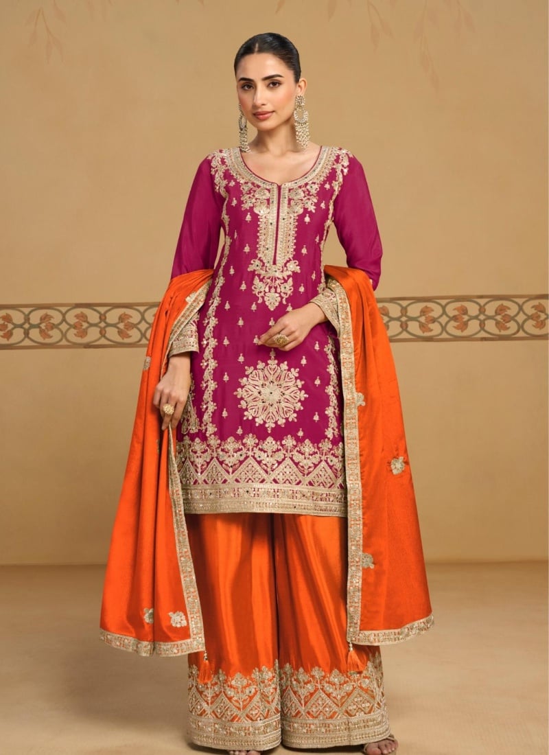 Rani Pink Zari Sequins Embroidered Chinon Palazzo Suit Festive Wear