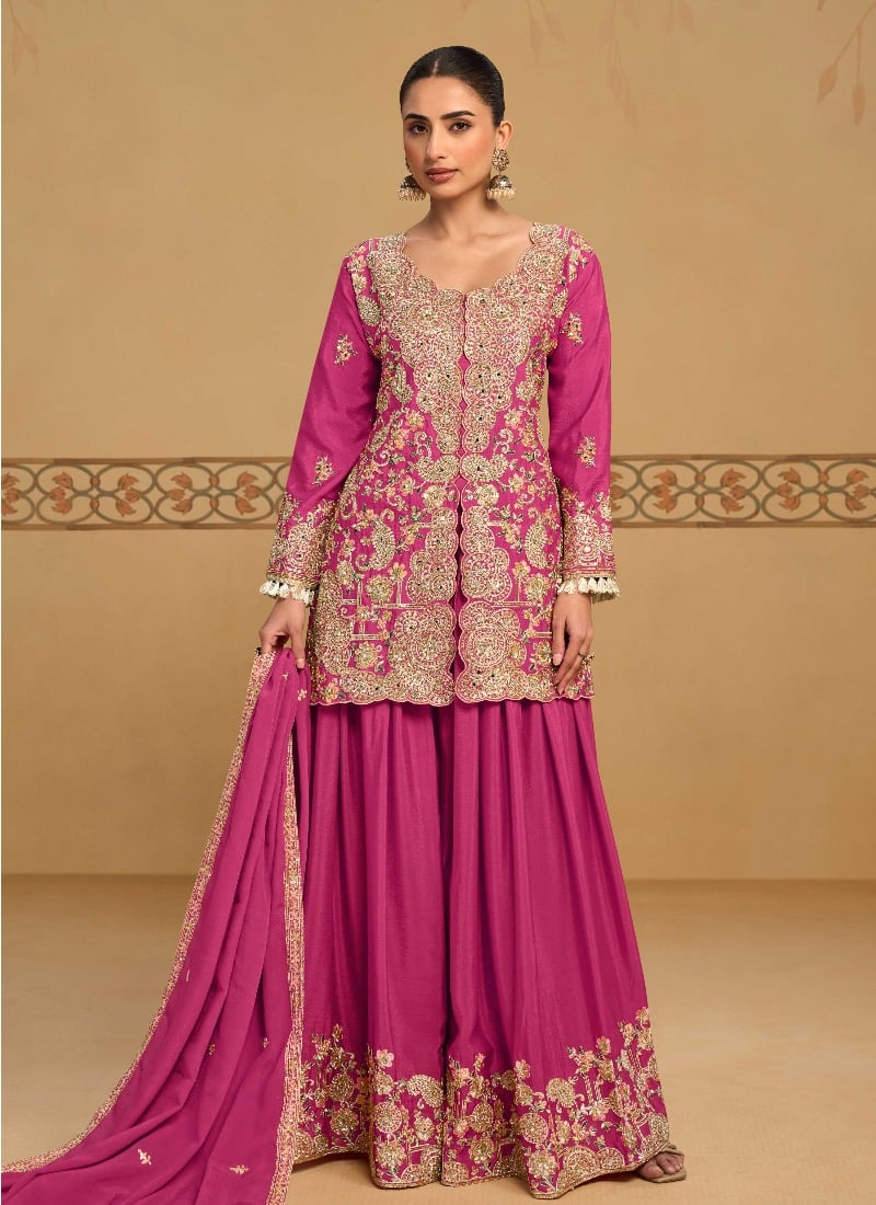 Rani Pink Zari Sequins Mirror Stone Embroidered Chinon Palazzo Suit Festive Wear
